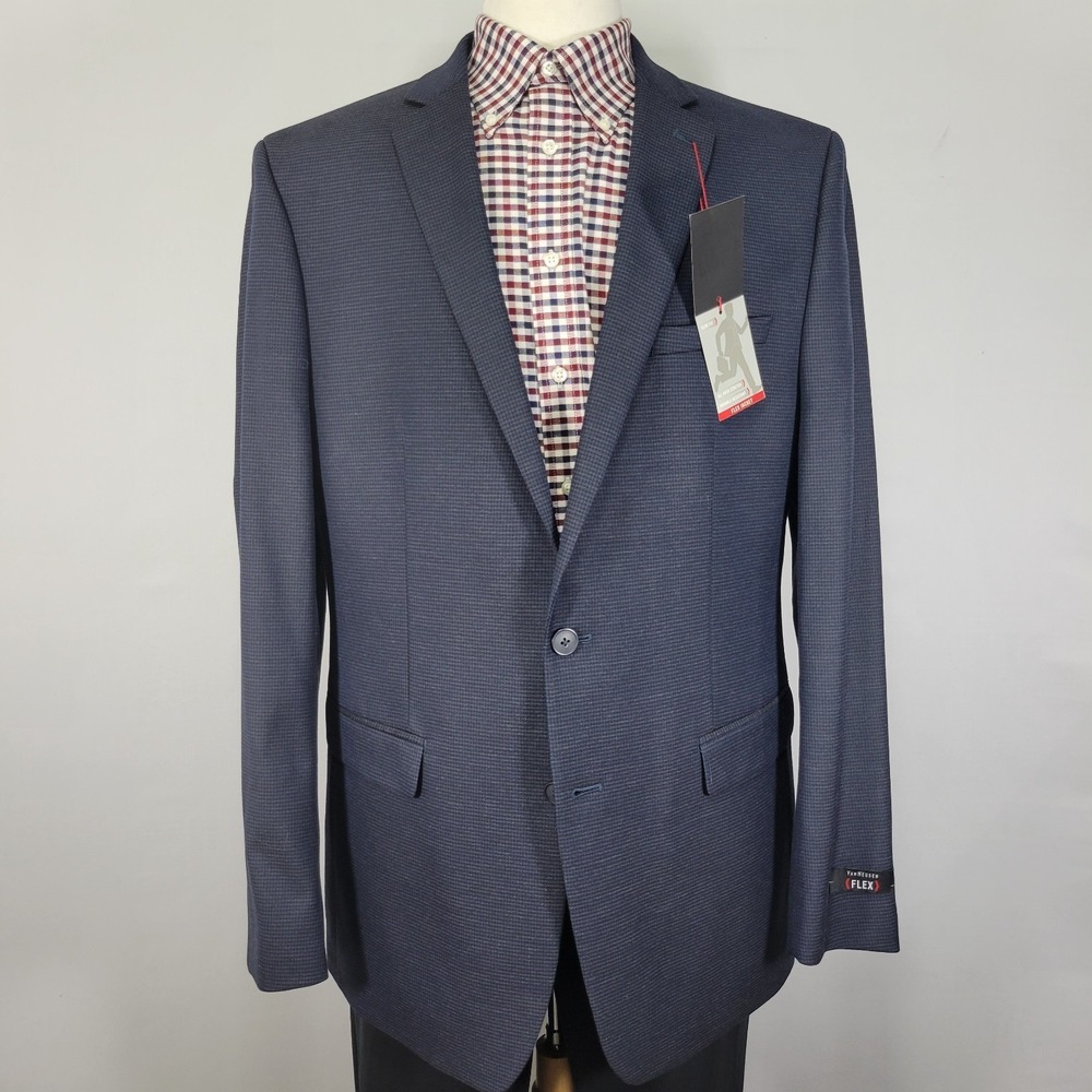 Van Heusen Flex Men's Sport Coat Blazer Navy Houndstooth Poly Blend 46L NEW